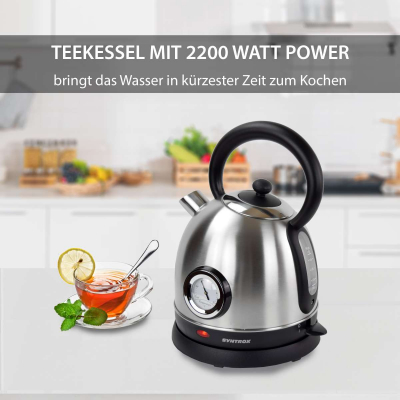 Syntrox 1,8 Liter Edelstahl schnurlos Wasserkocher mit Thermometer 360° cordess
