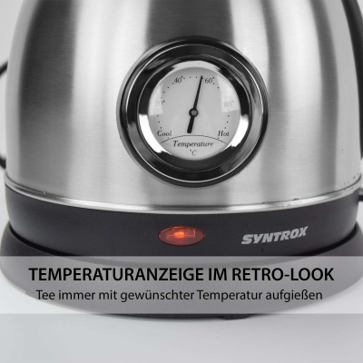 Syntrox 1,8 Liter Edelstahl schnurlos Wasserkocher mit Thermometer 360° cordess