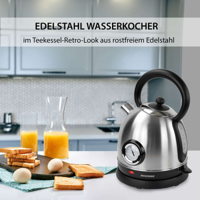 Syntrox 1,8 Liter Edelstahl schnurlos Wasserkocher mit Thermometer 360° cordess