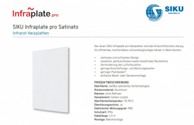 Siku Infrarot-Flächenheizung, Infraplate pro, für die Wandmontage, Glas-Front