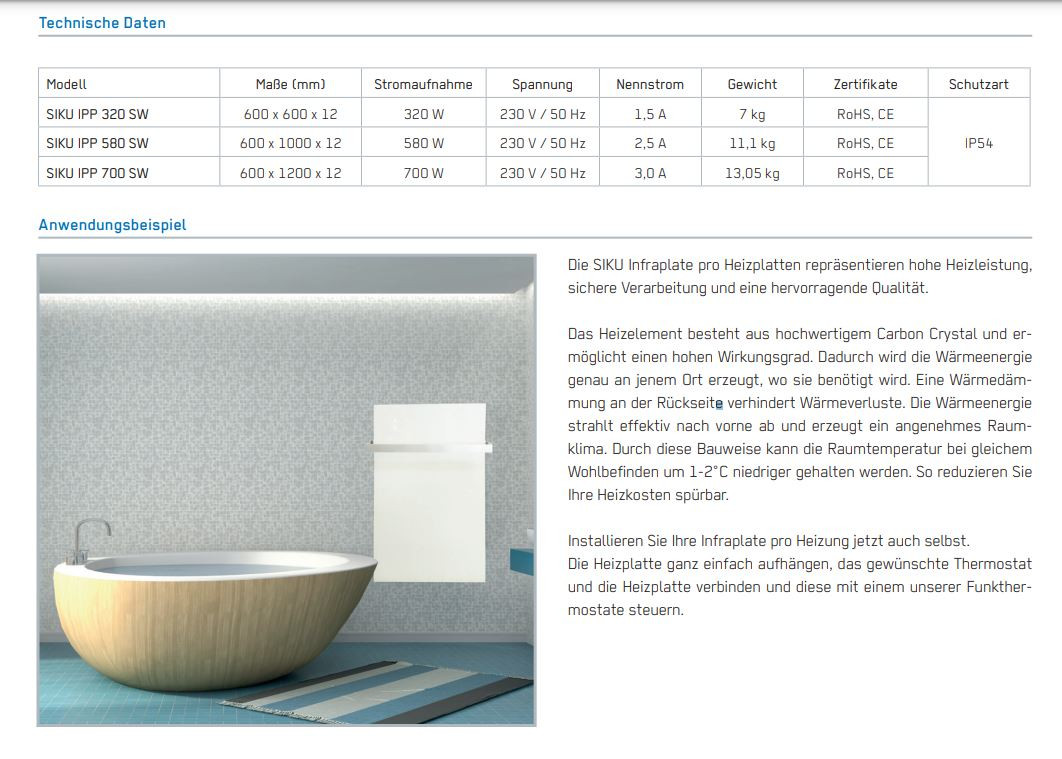 Siku Infrarot-Flächenheizung, Infraplate pro, für die Wandmontage, Glas-Front