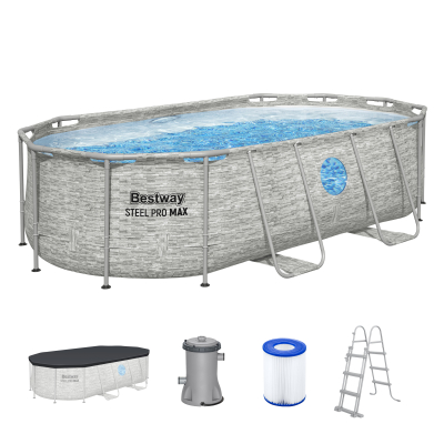 Bestway Steel Pro MAX™ Splashview™ Frame Pool Komplett-Set mit Filterpumpe 427 x 250 x 100 cm, Steinwand-Optik, oval