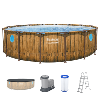 Bestway Steel Pro MAX™ Splashview™ Frame Pool Komplett Set mit Filterpumpe Ø 488 x 122 cm, Holz-Optik (Pinie), rund