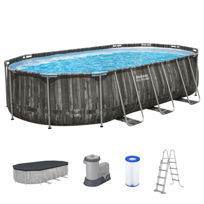 Bestway Steel Pro MAX™ Frame Pool Komplett-Set mit Filterpumpe 610 x 366 x 122 cm , Holz-Optik (Mooreiche), oval
