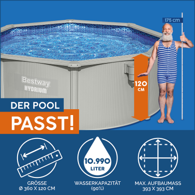 Bestway Hydrium Stahlwandpool Komplett-Set mit Sandfilteranlage Durchmesser 360 x 120 cm