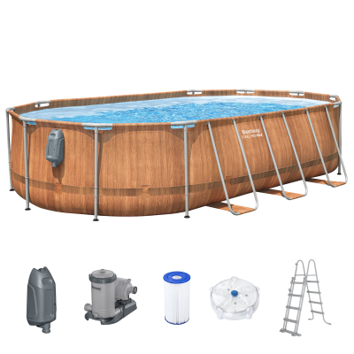 Bestway Steel Pro MAX™ Comfort Jet Series™ Frame Pool Set mit Filterpumpe 610 x 366 x 122 cm, Holz-Optik, oval
