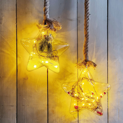 Glasstern, 15 warmweiße LEDs, Zweige, Tannengrün, Glitzerschnee