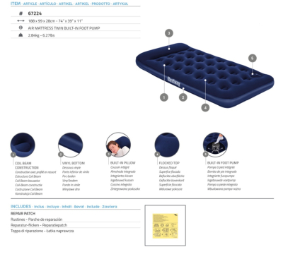 Bestway Single-Luftbett mit integrierter Fußpumpe 188 x 99 x 28 cm