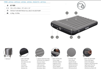 Bestway TriTech Doppelluftbett mit USB-Elektropumpe 191 x 137 x 30 cm