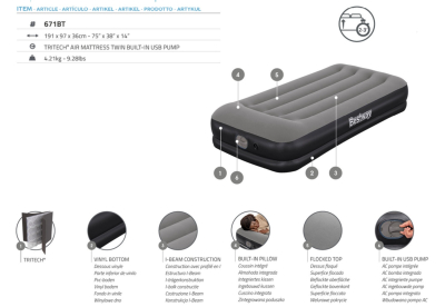 Bestway TriTech Single-Luftbett mit USB-Elektropumpe 191 x 97 x 36 cm
