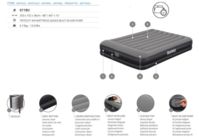 Bestway TriTech Doppelluftbett mit USB-Elektropumpe 203 x 152 x 36 cm
