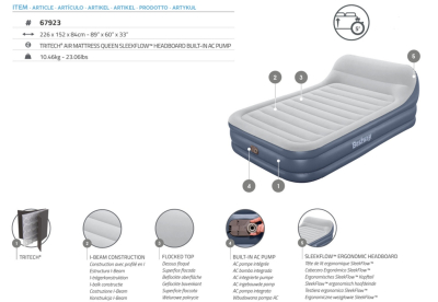Bestway TriTech Doppelluftbett SleekFlow mit Kopfteil & integrierter Elektropumpe 226 x 152 x 84 cm