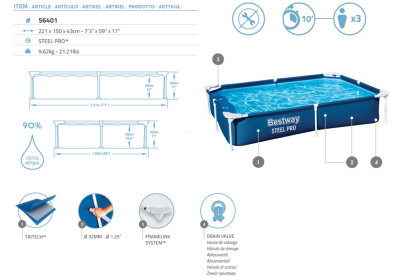 Bestway Steel Pro Frame Pool ohne Pumpe 221 x 150 x 43 cm, dunkelblau, eckig