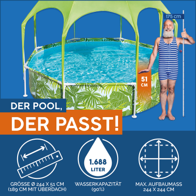 Bestway Steel Pro Frame Pool mit Sonnenschutzdach Splash-in-Shade ohne Pumpe Durchmesser 244 x 51 cm