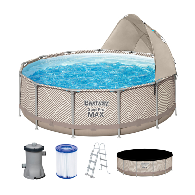 Bestway Steel Pro MAX Frame Pool Komplett-Set mit Filterpumpe Durchmesser 396 x 107 cm, Op Art-Design, rund