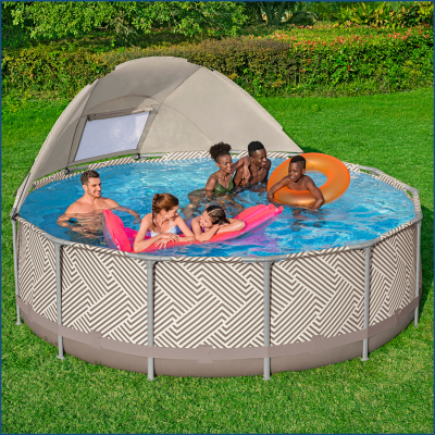 Bestway Steel Pro MAX Frame Pool Komplett-Set mit Filterpumpe Durchmesser 396 x 107 cm, Op Art-Design, rund