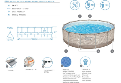 Bestway Steel Pro MAX Frame Pool Komplett-Set mit Filterpumpe Durchmesser 396 x 107 cm, Op Art-Design, rund