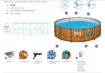 Bestway Steel Pro MAX Splashview Frame Pool Komplett-Set mit Filterpumpe Durchmesser 427 x 107 cm, Holz-Optik (Pinie), rund