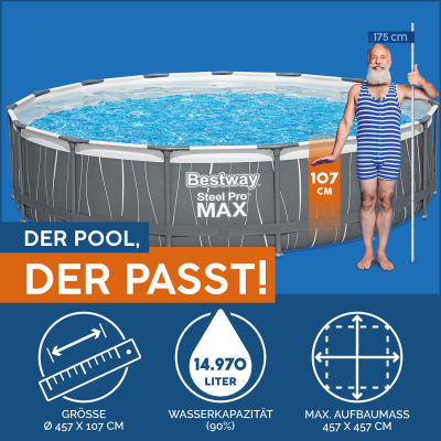 Bestway Steel Pro MAX Frame Pool Komplett-Set mit Filterpumpe Durchm. 457 x 107 cm, LED-Design, rund