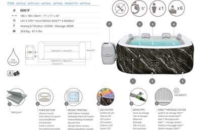 Bestway LAY-Z-SPA LED-Whirlpool Hollywood AirJet für 6 Personen 180 x 180 x 66 cm, Marmor-Optik (Marquinia)