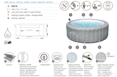 Bestway LAY-Z-SPA Energiespar-Whirlpool Bali AirJet mit App-Steuerung, Durchmesser 196 x 71 cm, für 6 Personen, Rattan-Opti (Lichtgrau)
