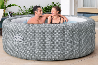 Bestway LAY-Z-SPA Energiespar-Whirlpool Bali AirJet mit App-Steuerung, Durchmesser 196 x 71 cm, für 6 Personen, Rattan-Opti (Lichtgrau)