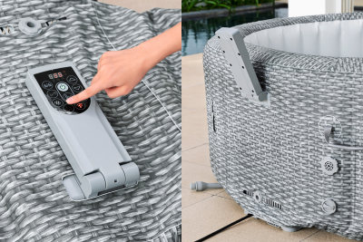 Bestway LAY-Z-SPA Energiespar-Whirlpool Bali AirJet mit App-Steuerung, Durchmesser 196 x 71 cm, für 6 Personen, Rattan-Opti (Lichtgrau)