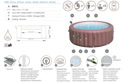 Bestway LAY-Z-SPA Energiespar-Whirlpool Hawaii AirJet mit App-Steuerung, für 6 Personen, Durchmesser 196 x 71 cm, Terrakotta