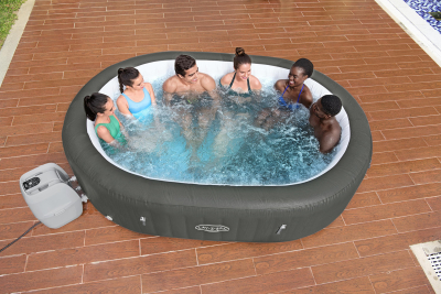 Bestway LAY-Z-SPA XXL-Whirlpool Mauritius AirJet mit App-Steuerung, für 7 Personen Durchm. 270 x 180 x 71 cm, Holz-Optik (Basaltgrau)
