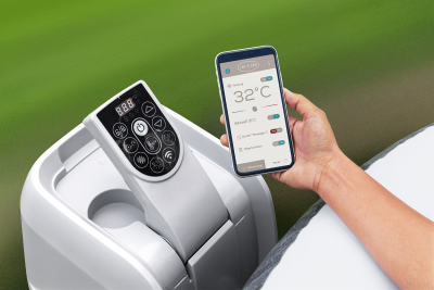 Bestway LAY-Z-SPA XXL-Whirlpool Mauritius AirJet mit App-Steuerung, für 7 Personen Durchm. 270 x 180 x 71 cm, Holz-Optik (Basaltgrau)