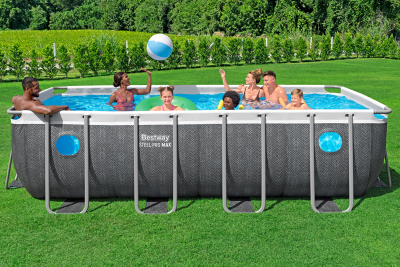 Bestway Steel Pro MAX Splashview Frame Pool Komplett-Set mit Filterpumpe  488 x 244 x 122 cm, Rattan-Optik (Schiefergrau), eckig