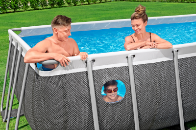 Bestway Steel Pro MAX Splashview Frame Pool Komplett-Set mit Filterpumpe  488 x 244 x 122 cm, Rattan-Optik (Schiefergrau), eckig