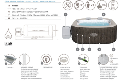 Bestway LAY-Z-SPA Energiespar-Whirlpool Cabo HydroJet mit App-Steuerung, für 6 Personen, 180 x 180 x 71 cm, Kreuzgeflecht-Optik (Eichengrau)