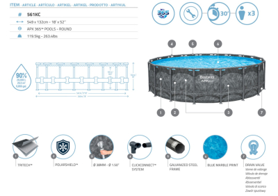 Bestway APX365 Winterfestes Frame Pool Komplett-Set mit Sandfilteranlage Durchm. 549 x 132 cm, Marmor-Optik (Dunkel), rund