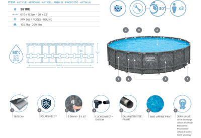 Bestway APX365 Winterfestes Frame Pool Komplett-Set mit Sandfilteranlage Durchm. 610 x 132 cm, Marmor-Optik (Dunkel), rund