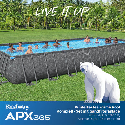 Bestway APX365 Winterfestes Frame Pool Komplett-Set, Sandfilteranlage 956 x 488 x 132 cm, Marmor-Optik (Dunkel), eckig