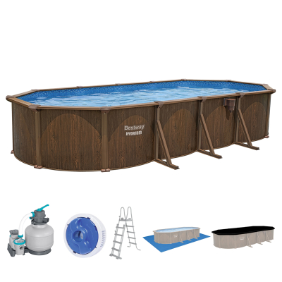 Bestway Hydrium Stahlwandpool Komplett-Set mit Sandfilteranlage 732 x 366 x 132 cm, Holz-Optik (Palisander), oval