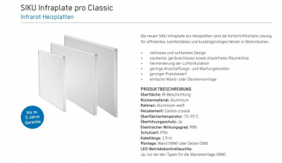 Siku Infrarot-Flächenheizung, Infraplate pro, für die Wandmontage, Aluminium-Front