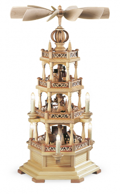 Pyramide Erzgebirgsmotiv 3-Stöckig, Natur Elektr. Beleuchtet und Angetrieben (230V 50hz), 30x28x60cm
