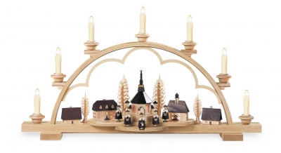 Schwibbogen Seiffener Dorf, Komplett Elektr. Beleuchtet 23v-Led Filament (230V), 64x12x35cm