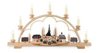 Schwibbogen Seiffener Dorf, Komplett Elektr. Beleuchtet 23v-Led Filament (230V), 64x12x35cm