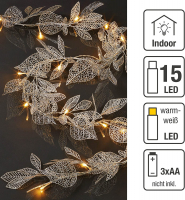 Hellum LED-Lichterkette mit silbernen Blättern 15 BS warmweiß/transparent, innen Batteriebetrieb