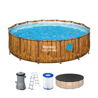 Bestway Steel Pro MAX Splashview Frame Pool Komplett-Set mit Filterpumpe Durchmesser 427 x 107 cm, Holz-Optik (Pinie), rund