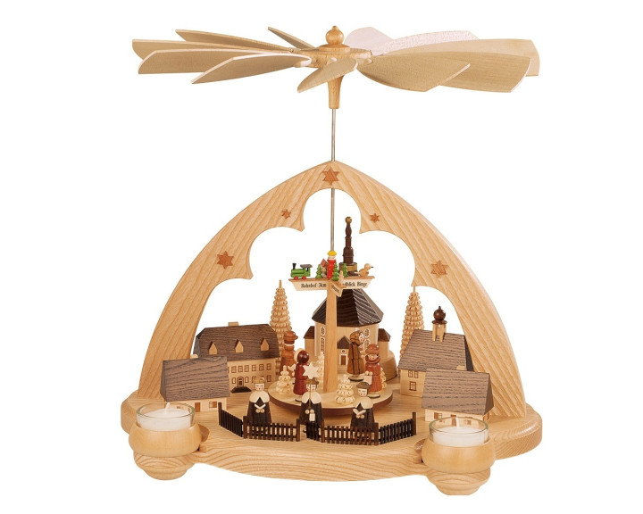 Pyramide Seiffener Dorf Spitzbogen 1-Stöckig, Natur, 35x28x36cm